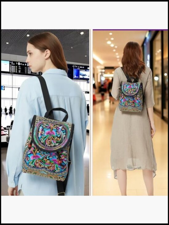 Floral Embroidery Canvas Drawstring Backpack Vintage Daypack Travel Shoulder Bag main image 3